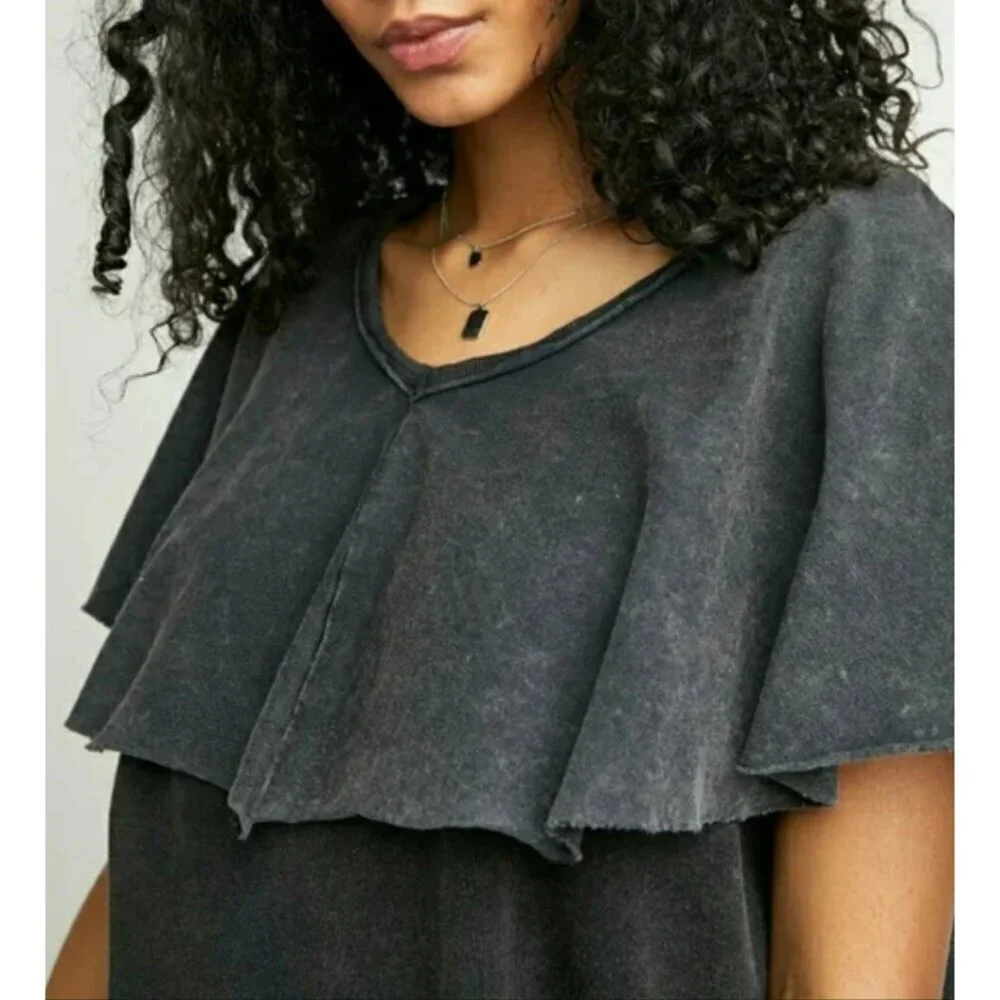 Free People Girl Talk Ruffle Top Linen Blend Dark Gray Size XS 26510